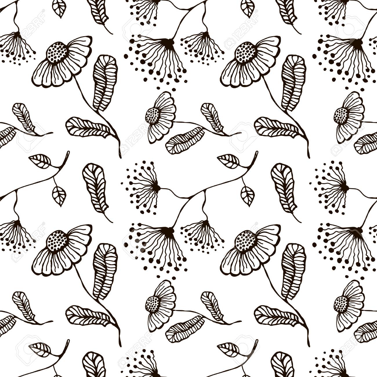 Motivo Floreale Vettoriale Senza Soluzione Di Continuità Fondo Bianco E Nero Disegnato A Mano Con Flovers E Foglie Inc Disegno Serie Di Modelli