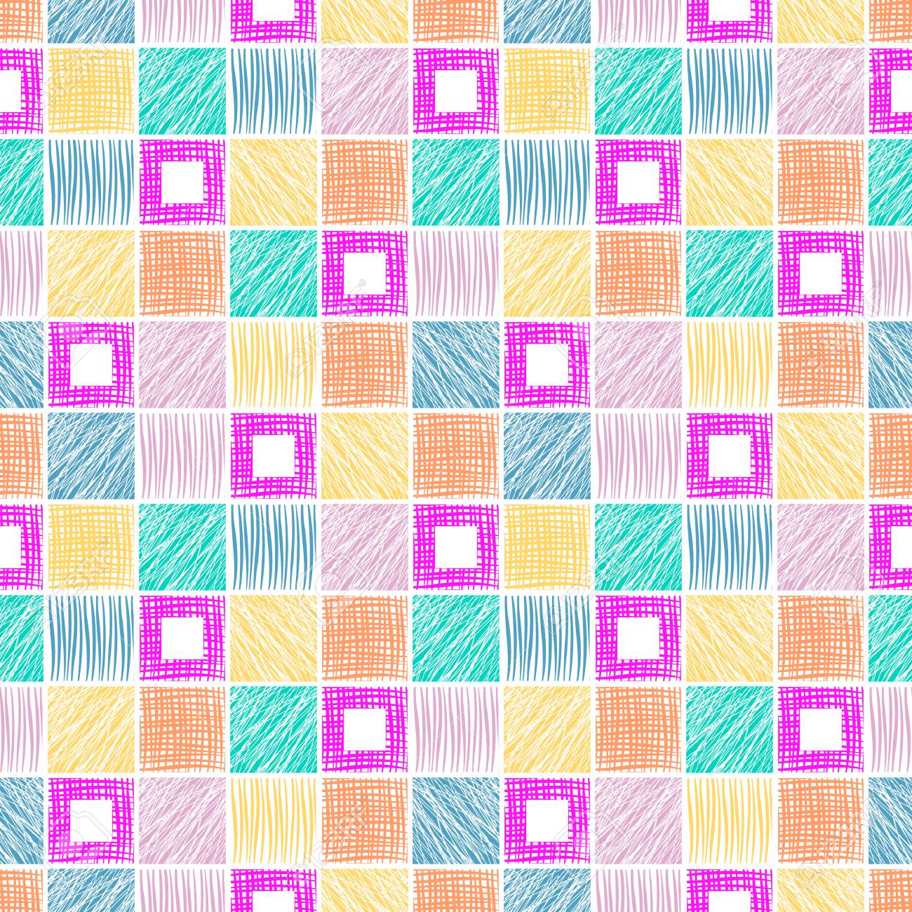 正方形のシームレスなベクトル幾何学模様 手でカラフルな背景には テクスチャの幾何学的図形が描画されます 折り返し ウェブの背景 壁紙 印刷 表面のグラフィック イラスト テンプレートのイラスト素材 ベクタ Image