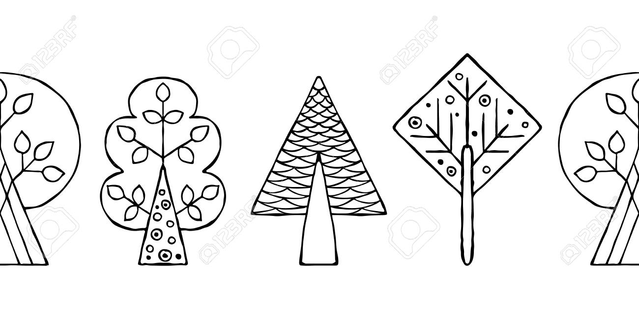 Vector Disegni Disegnati A Mano Senza Soluzione Di Continuità Pattern Decorativi Stilizzati In Bianco E Nero Alberi Infantili Doodle Lo Stile Di