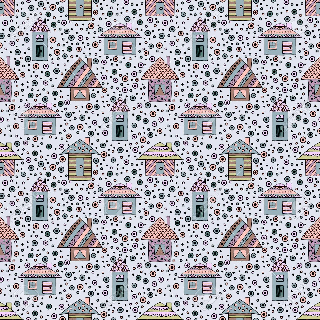 ベクトルの手描きのシームレスなパターン 装飾的な様式幼稚な住宅落書きスタイル グラフィック イラスト観賞かわいい手書きの落書き 漫画 スケッチ イラスト シリーズのイラスト素材 ベクタ Image