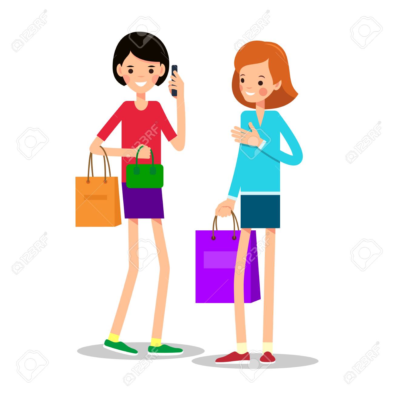 買い物袋を持った2人の若い女の子 両手に小包を持った一人の女の子プレゼントを持つ別の女の子は 彼女のガールフレンドに立っています フラットなスタイルの イラスト 分離のイラスト素材 ベクタ Image