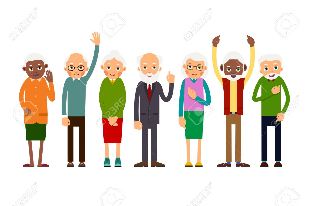 Group of gesticulating elderly people. Aged people caucasian and african. Elderly men and women. Illustration in flat style. Isolated - 90835556 Group of gesticulating elderly people. Aged people caucasian and african. Elderly men and women. Illustration in flat style. Isolated - 90835556
