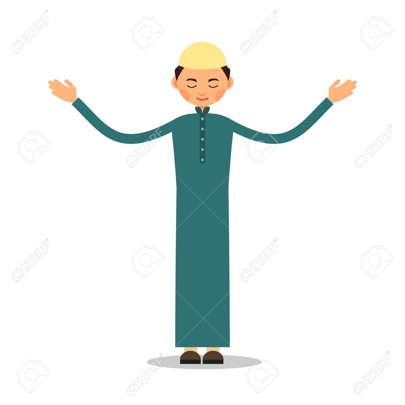 イスラム教徒の祈り イスラム教徒 イスラム教徒の男が立って祈る 男性のイスラム教徒の祈り 手を挙げた男によるイスラム教徒の祈り のパフォーマンス フラットなスタイルのイラスト 分離 のイラスト素材 ベクタ Image