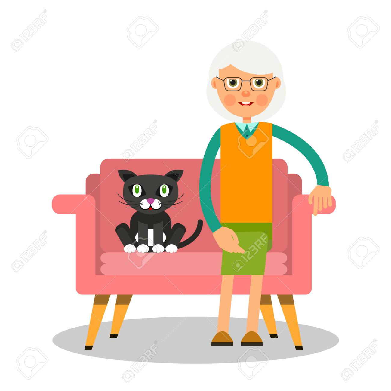 Une Femme Agee Et Un Chat Sont Assis Sur Le Canape Portrait De Personnes Agees Avec Un Animal Retraite Solitaire A La Maison En Vacances Avec Un Animal Domestique Illustration Dans Un