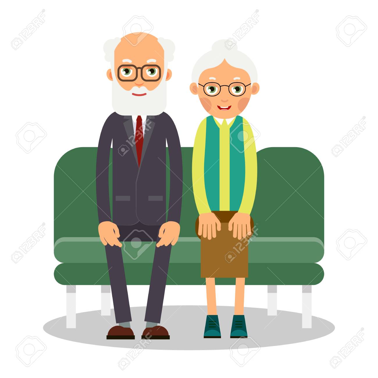 ソファの上に年配の男女が座っている 高齢者の家族の肖像画 ソファの上で自宅で年金生活者の夫婦 フラットなスタイルのイラスト 分離 のイラスト素材 ベクタ Image