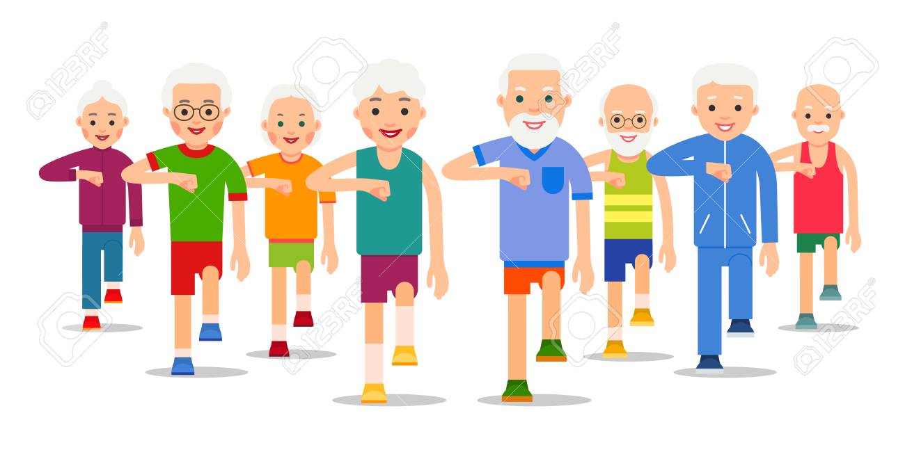 Crowd Of Older, Active People Go. Adult Men And Women Perform Exercise  Static Walking. Physical Exercises, Training, Workout, Sport, Healthy  Lifestyle. Flat Style Illustration. Royalty Free SVG, Cliparts, Vectors,  and Stock Illustration., image size:1300x650
