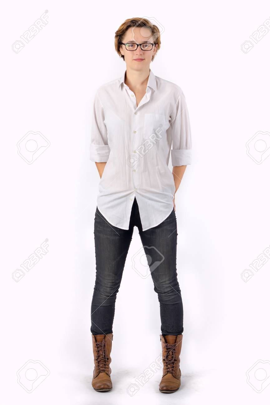Young Cool Trendy Woman With Short Hair Glasses Isolated Stock