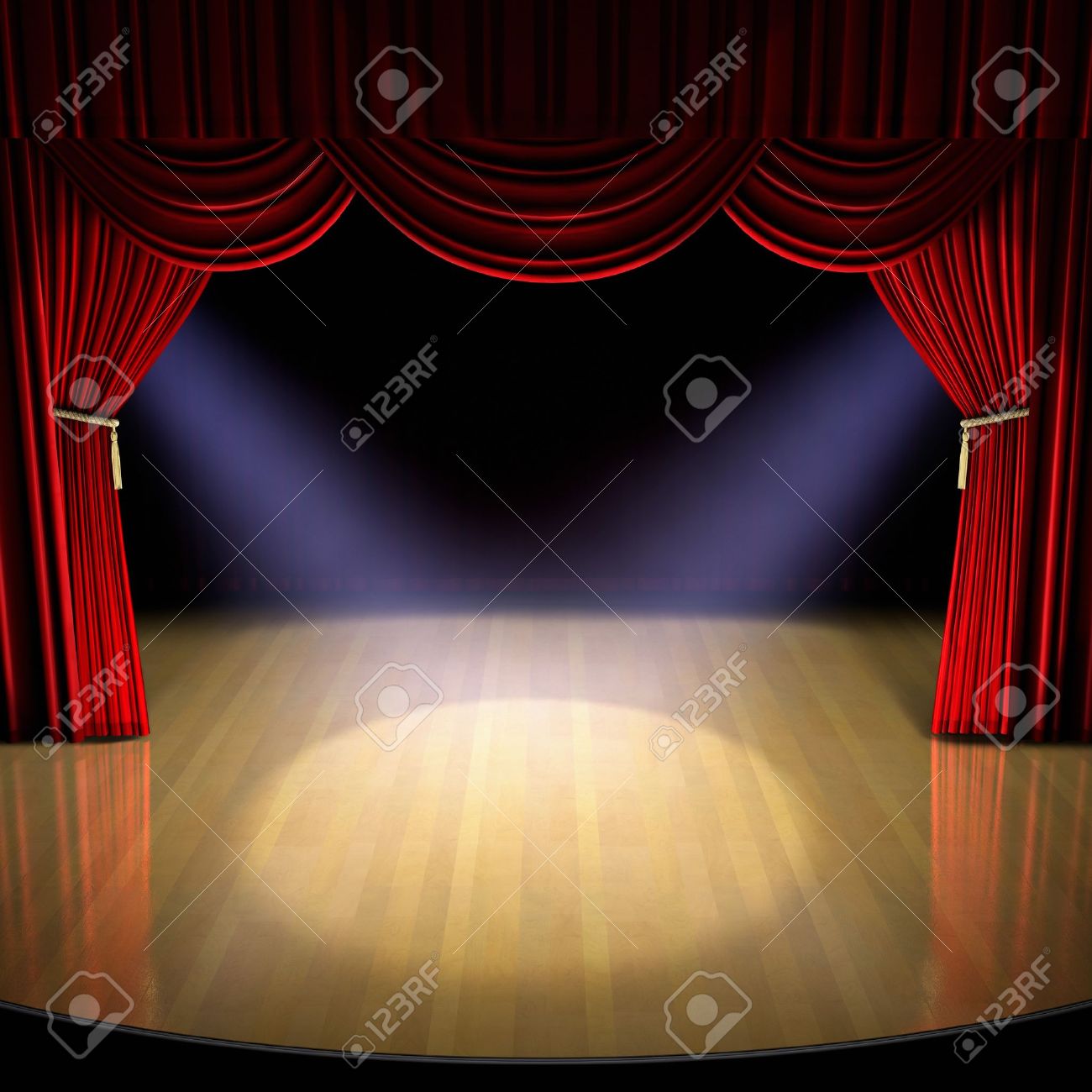 Scène de théâtre avec Rideau rouge et les projecteurs sur le plancher de la scène. Scène de théâtre avec Rideau rouge et les projecteurs sur le plancher de la scène.