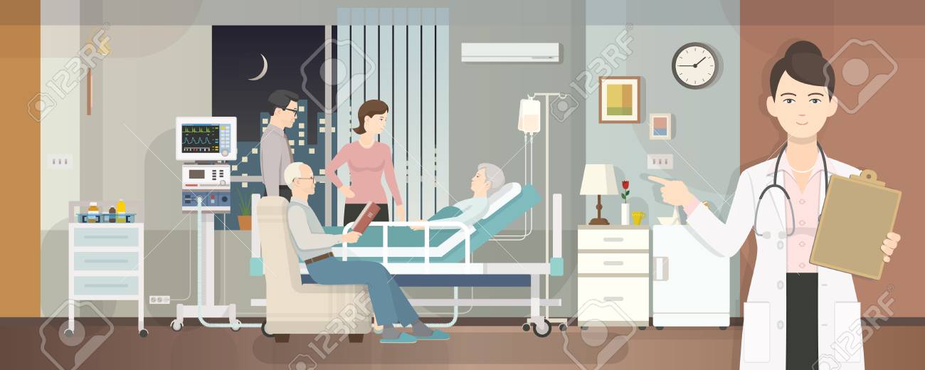 hospital room with patient and family