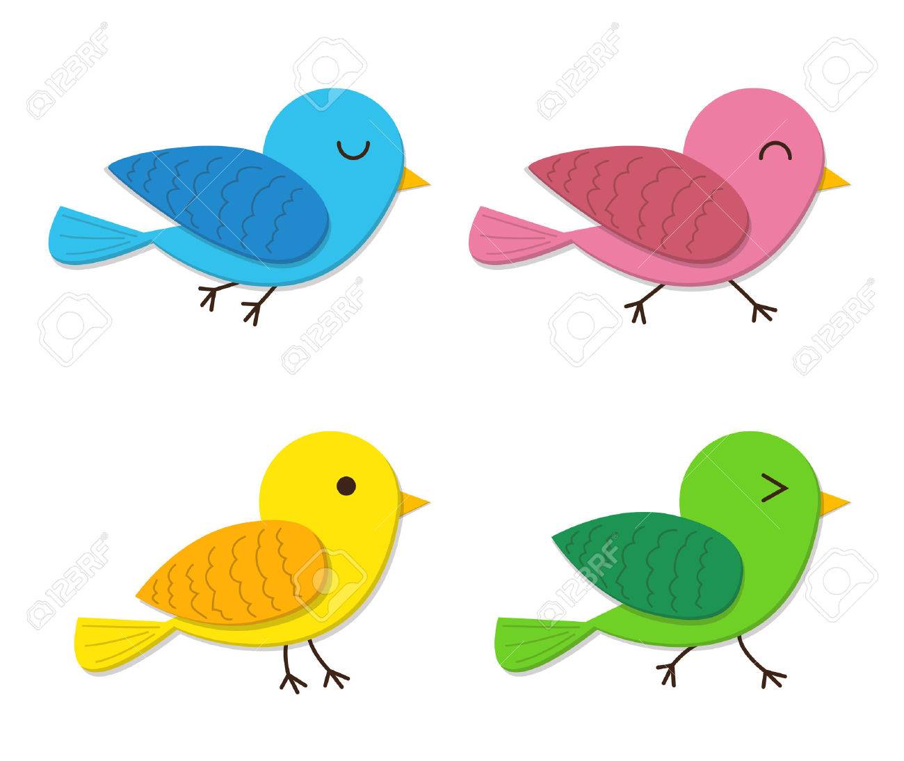 白地フラット スタイルで幸せな赤ちゃん鳥のセットのイラスト素材 ベクタ Image