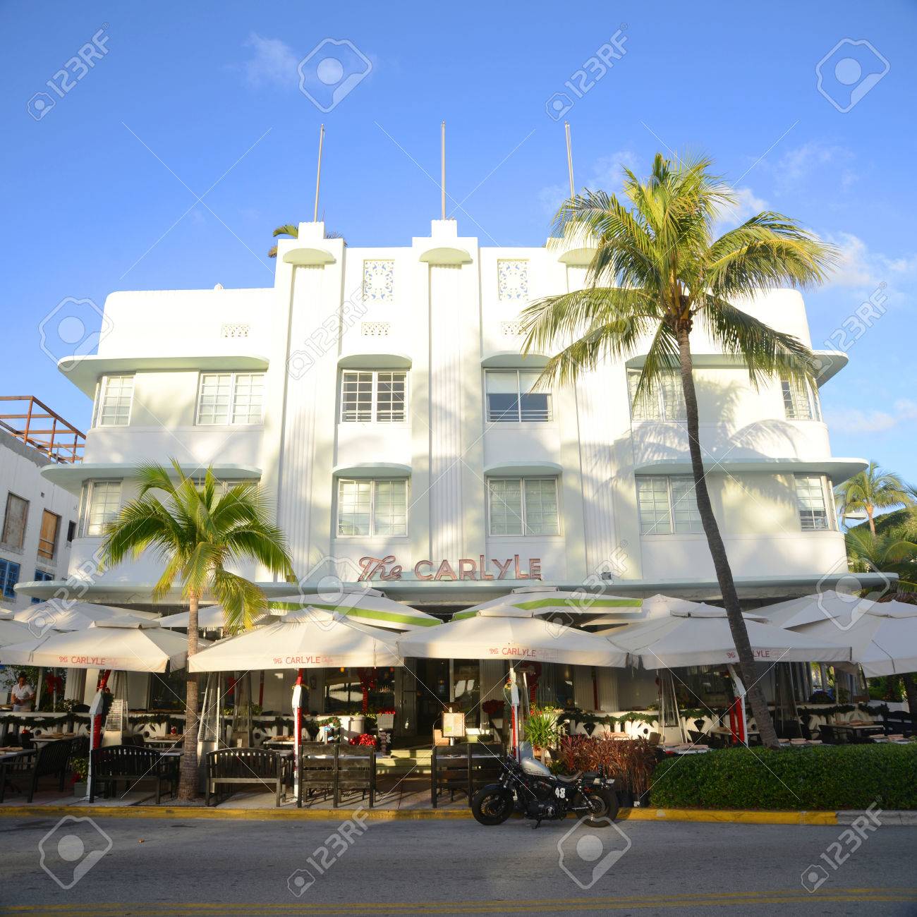 carlyle hotel with art deco style building in miami beach in stock