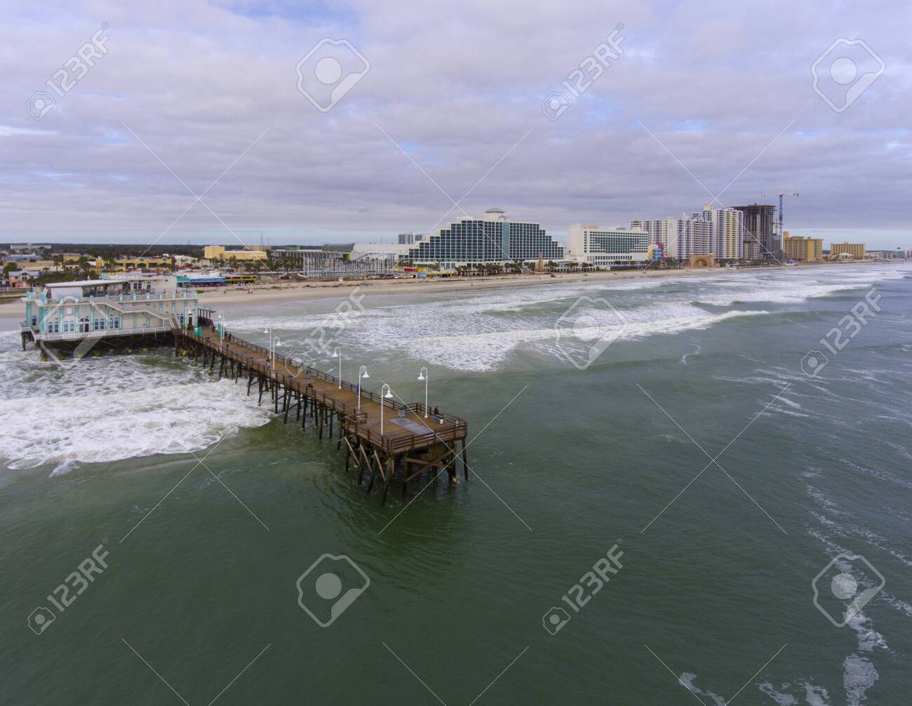 Daytona Beach Main Street Pier And Joes Crab Shack Aerial View Stock Photo
