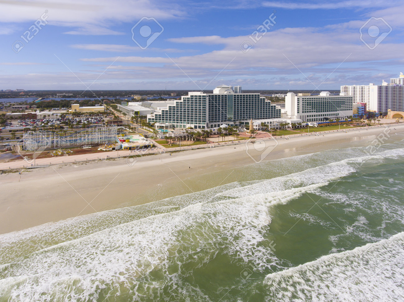 Daytona Beach Main Street Pier And Joes Crab Shack Aerial View Stock Photo