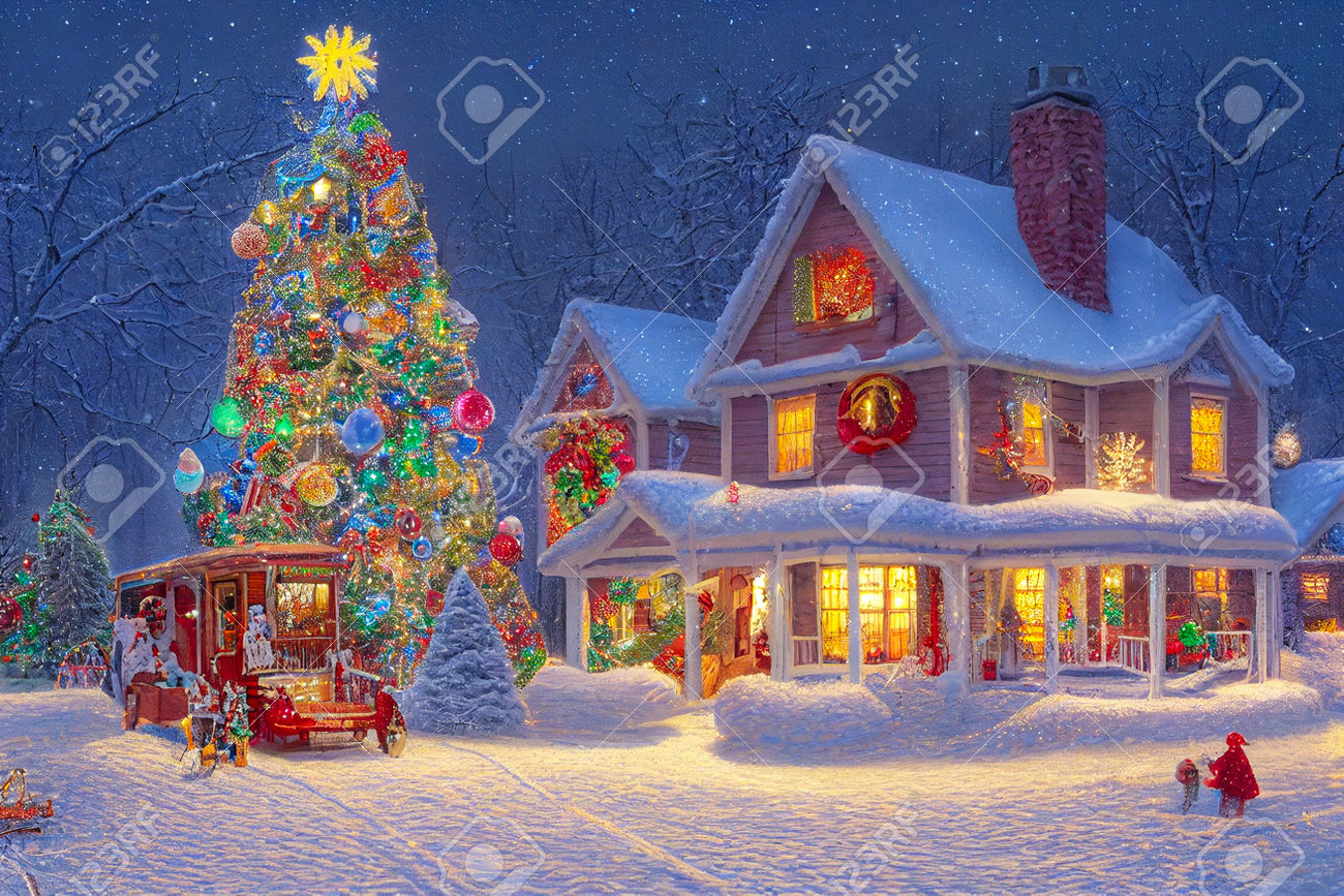 3D Illustration Of A Christmas Tree House With Ornaments And Colored Lights,  Surrounded By Snow.Â Beautiful Wallpaper Stock Photo, Picture and Royalty  Free Image. Image 191279209., image size:1300x867