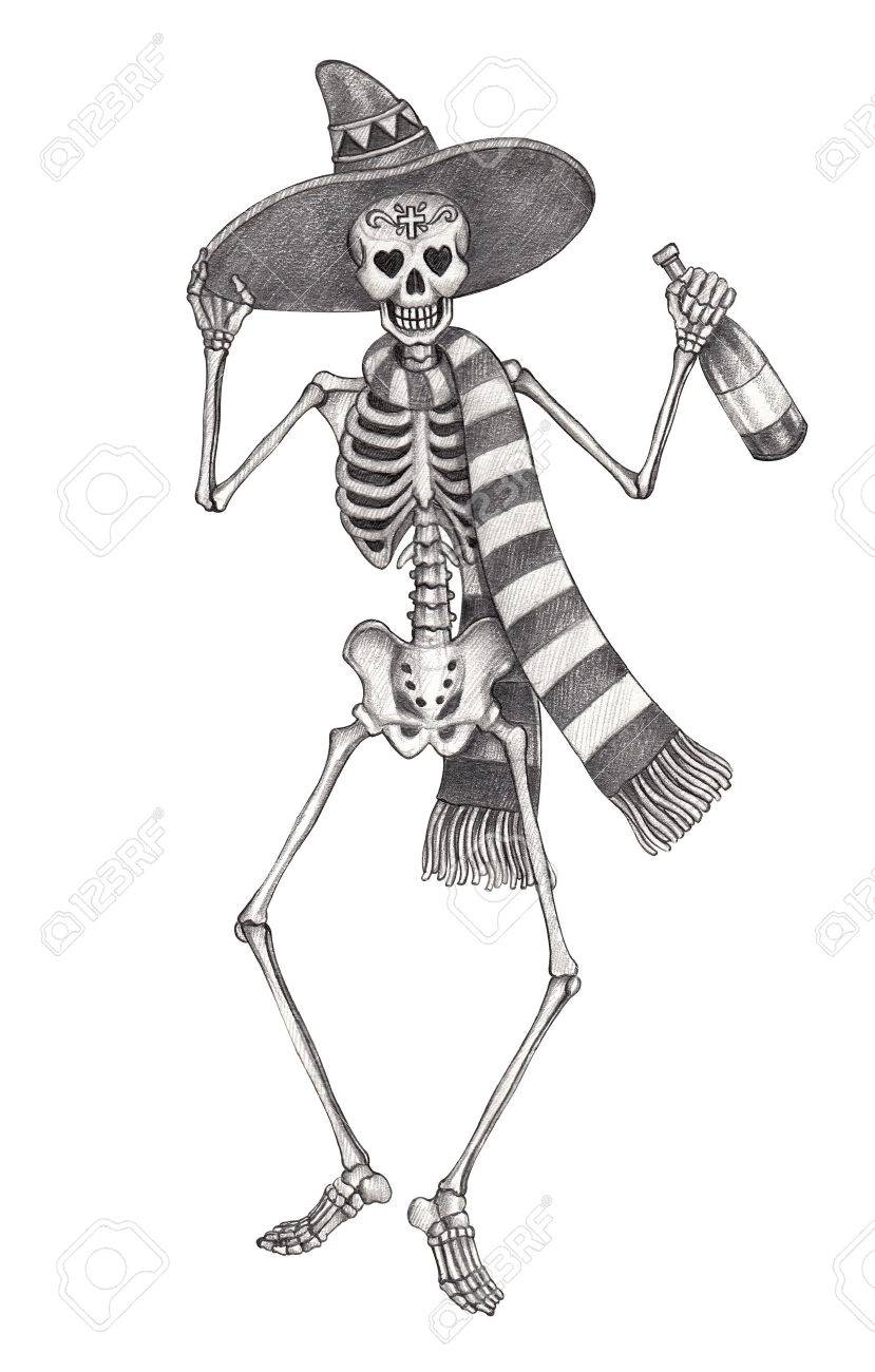 Art Romantic Skull Day Of The Dead.Hand Pencil Drawing On Paper. Stock Photo, Picture and Royalty Free Image. Image 90536405.