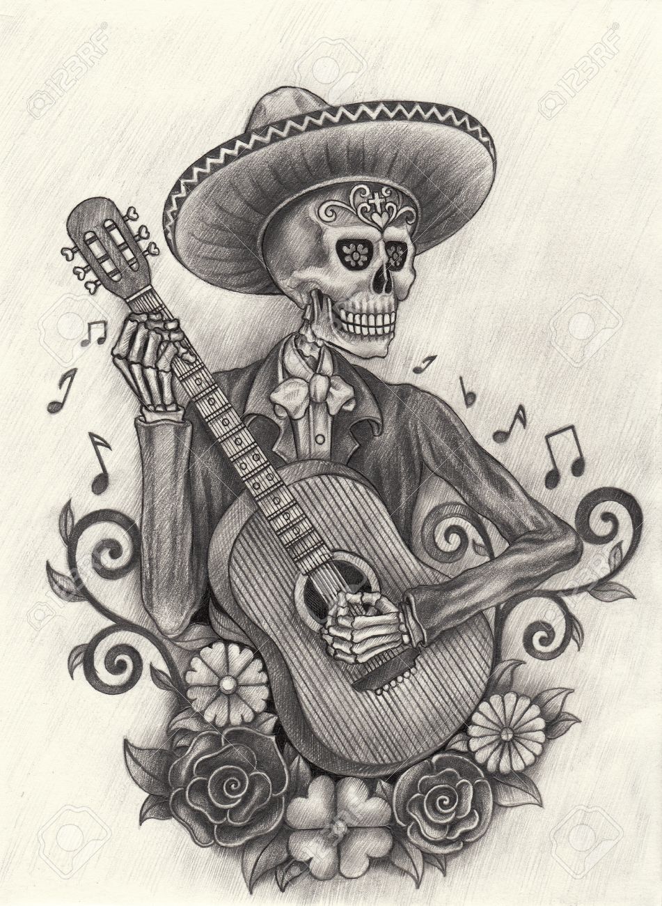 Men Skull Playing Guitar Day Of The Dead.Hand Drawing On Paper. Stock  Photo, Picture and Royalty Free Image. Image 43578053., image size:951x1300