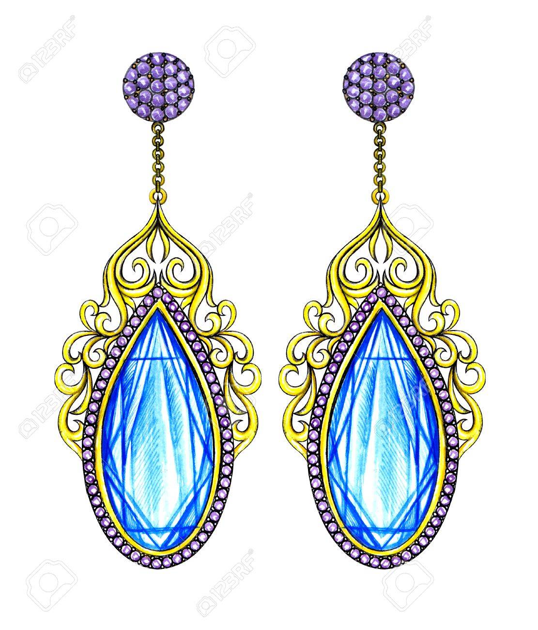 Pendientes Del Diseño Del Arte De La Joyería. Dibujo De La Mano Y La Pintura En El Papel Fotos, Retratos, Imágenes Y Fotografía De Archivo Libres De Derecho. Image