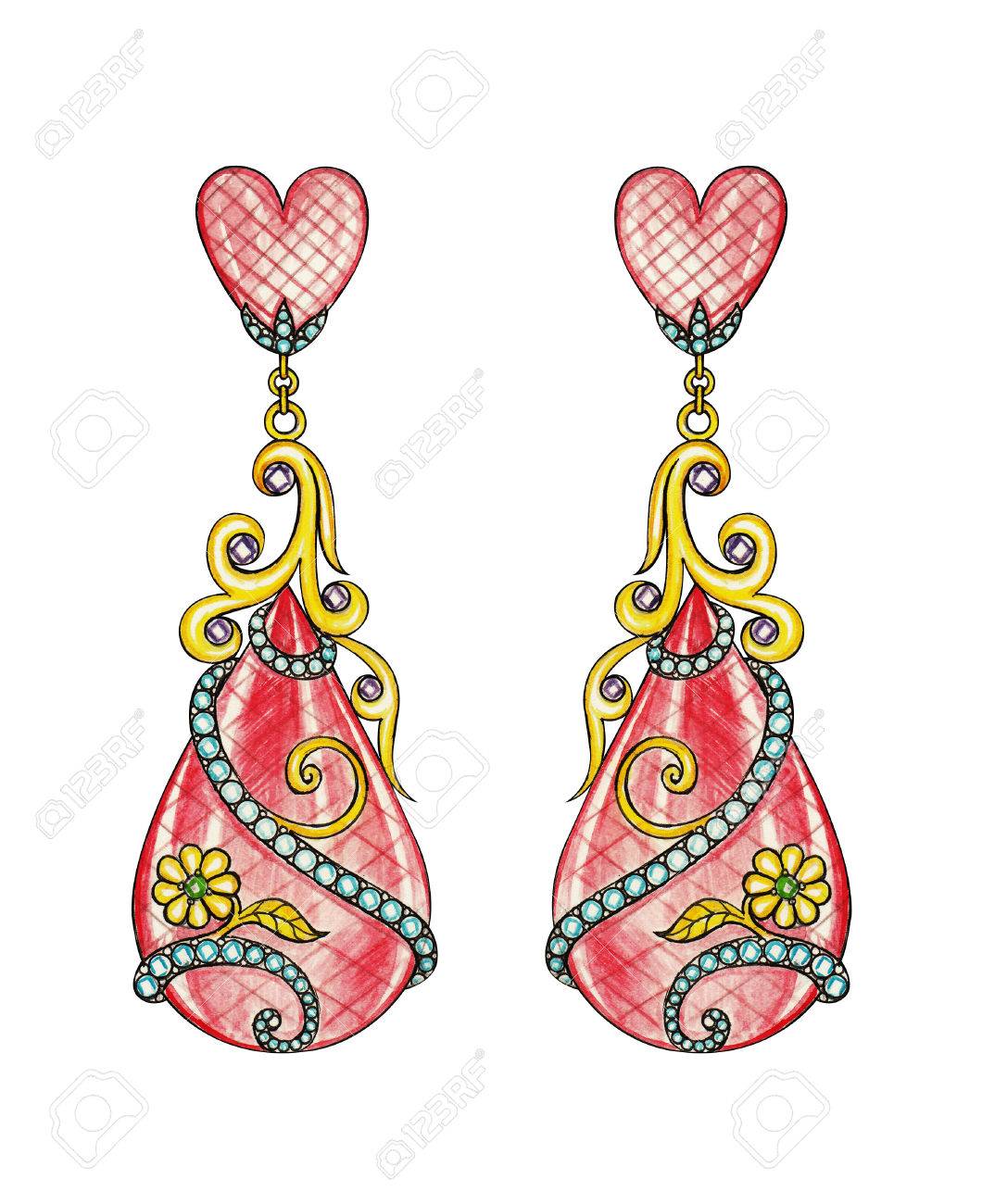 Pendientes Del Arte Diseño De La Joyería. Dibujo A Mano Y Pintura Sobre Papel. Fotos, Retratos, Imágenes Fotografía De Archivo Libres De Derecho. Image 74116581.