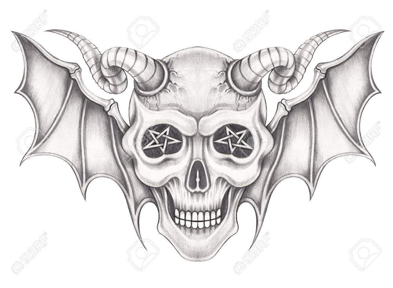 Art wings devil skull hand pencil drawing on paper
