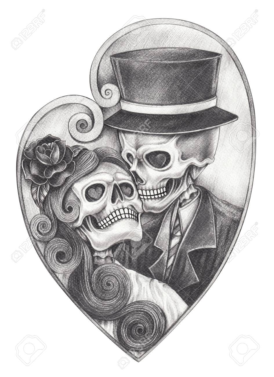 Art Romantic Skull Day Of The Dead.Hand Pencil Drawing On Paper. Stock  Photo, Picture and Royalty Free Image. Image 90536405.