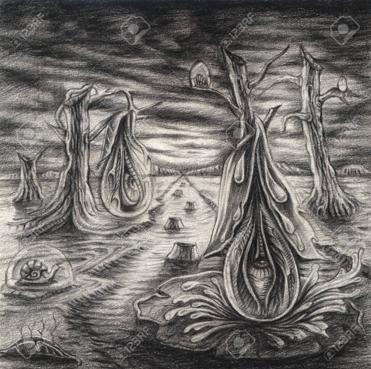 Art Surreal Nature. Hand Pencil Drawing On Paper. Stock Photo ...