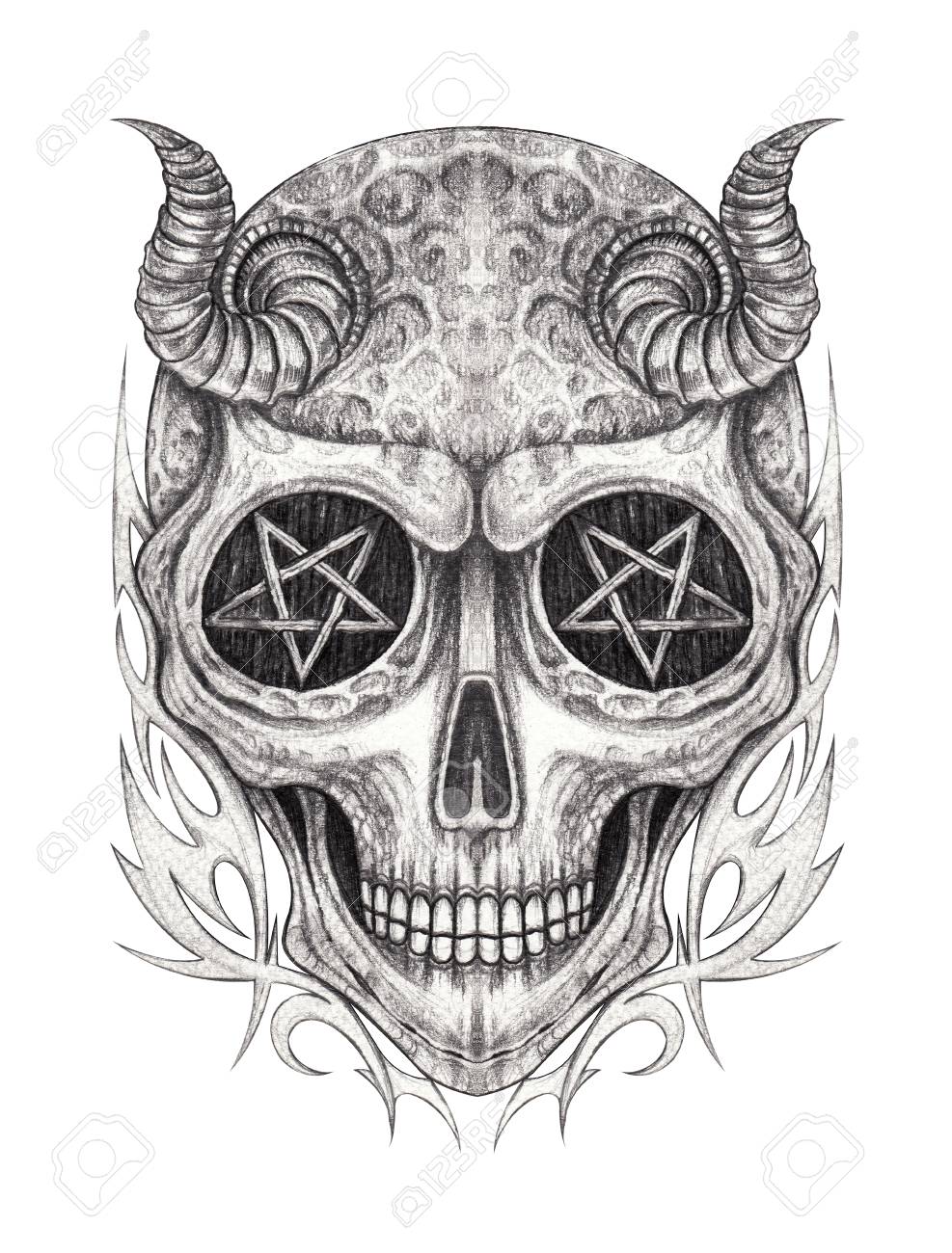 Art devil skull tattoo hand pencil drawing on paper