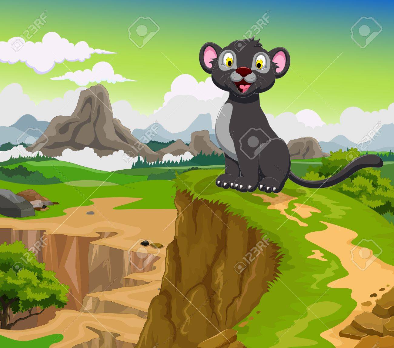 美しい山の風景を背景に変な黒豹漫画 のイラスト素材 ベクタ Image