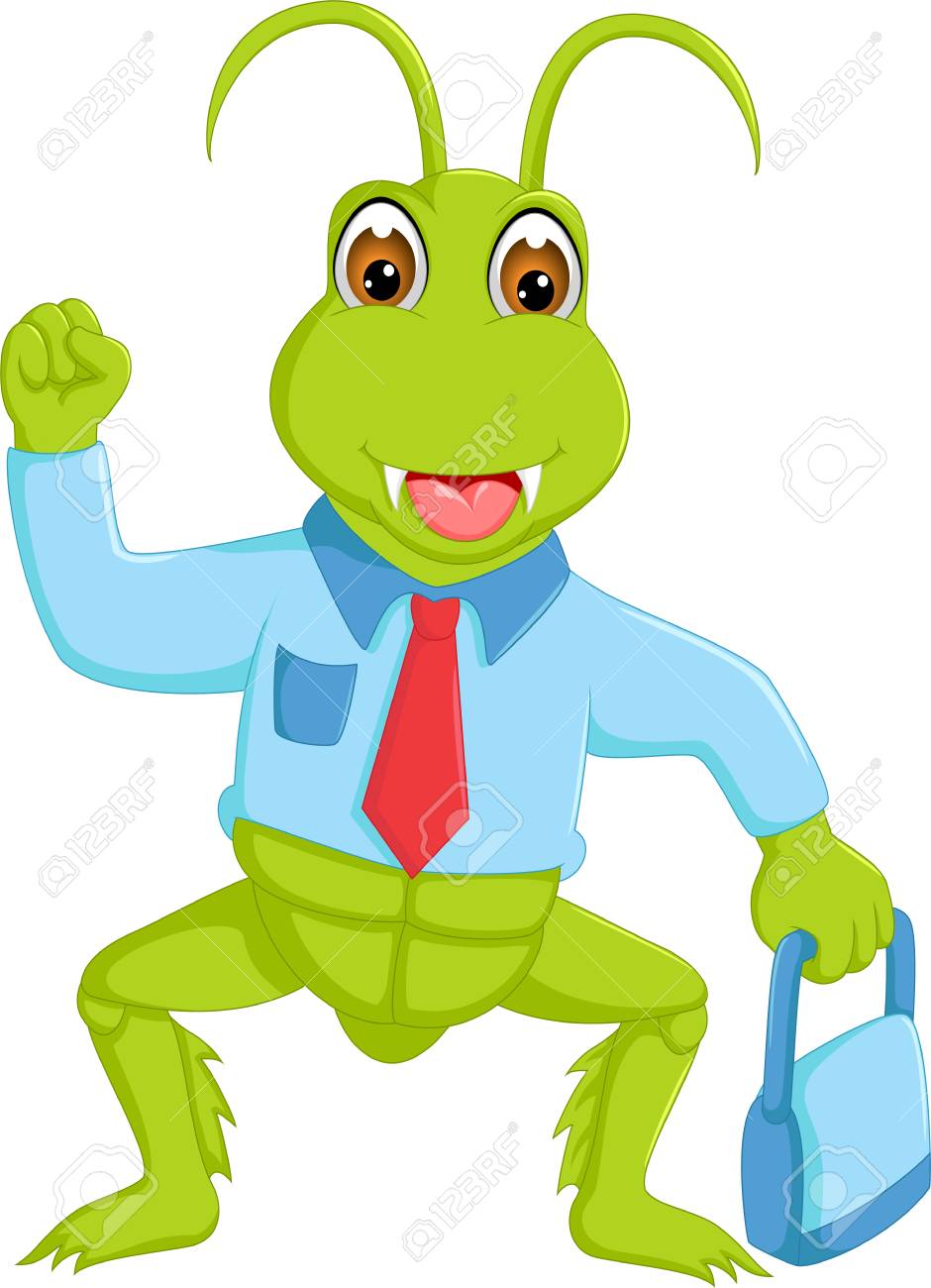 funny grasshopper cartoon standing with smile and bring bag royalty