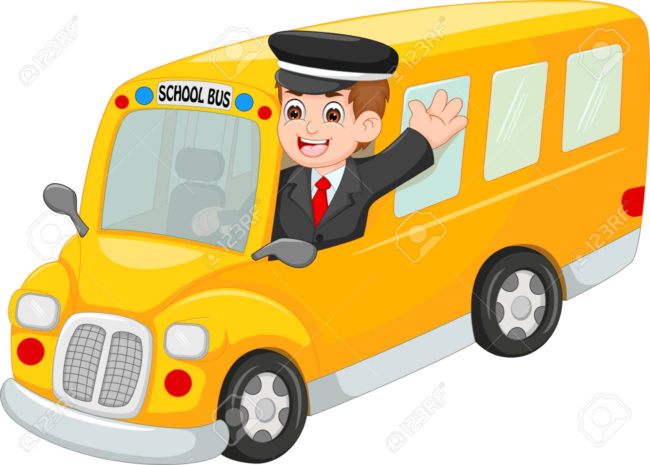 Handsome bus driver cartoon up bus with waving and smiling - 87917595 Handsome bus driver cartoon up bus with waving and smiling - 87917595