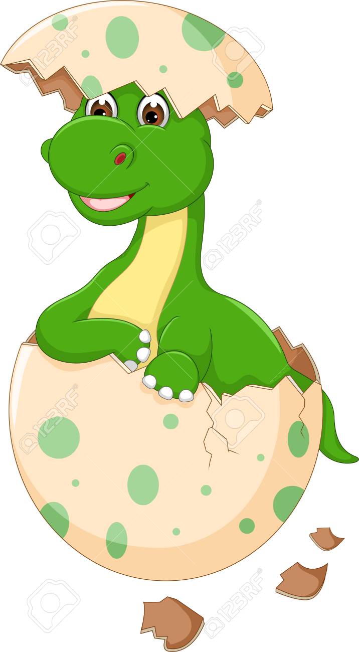 Funny Dinosaur Eggs Hatch Cartoon Standing With Smile. Royalty