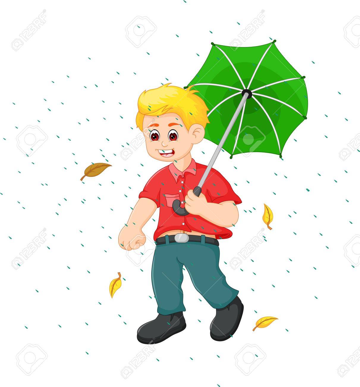 Caricature De Garçon Drôle Sous La Pluie Avec Parapluie Vert