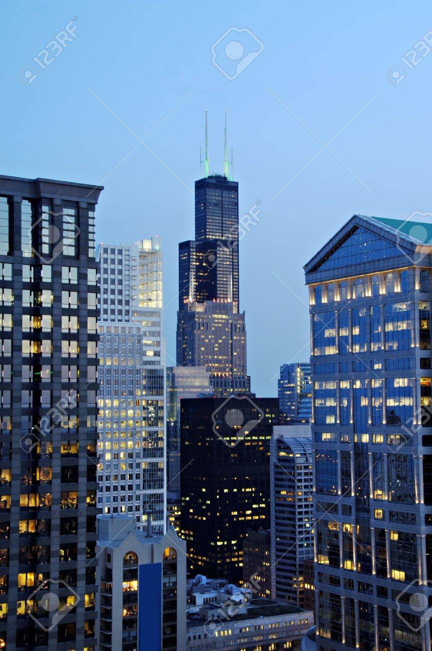 view of the lights of downtown chicago from the top of marina
