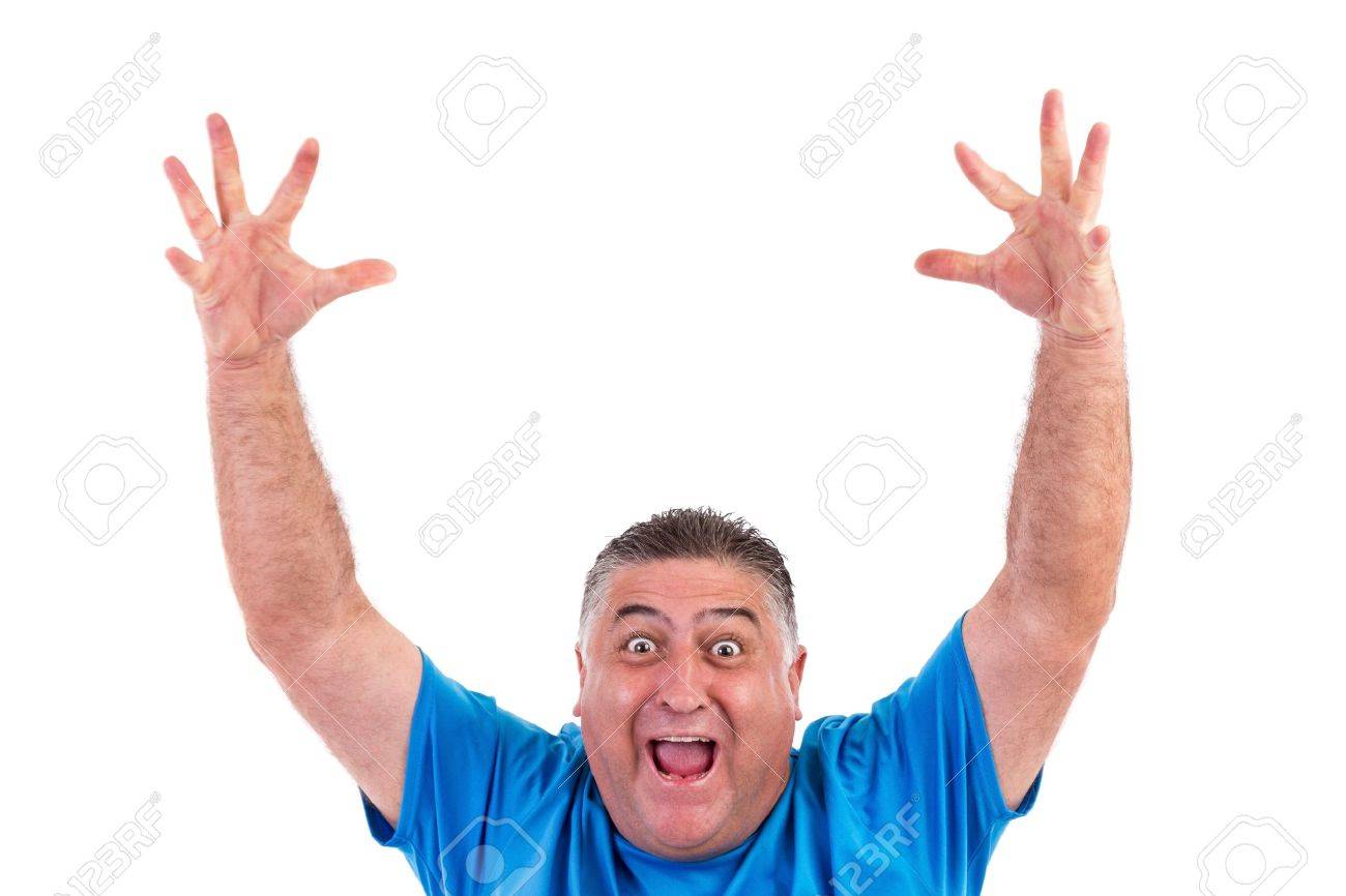 Happy Man With His Hands Up On White Background Stock Photo