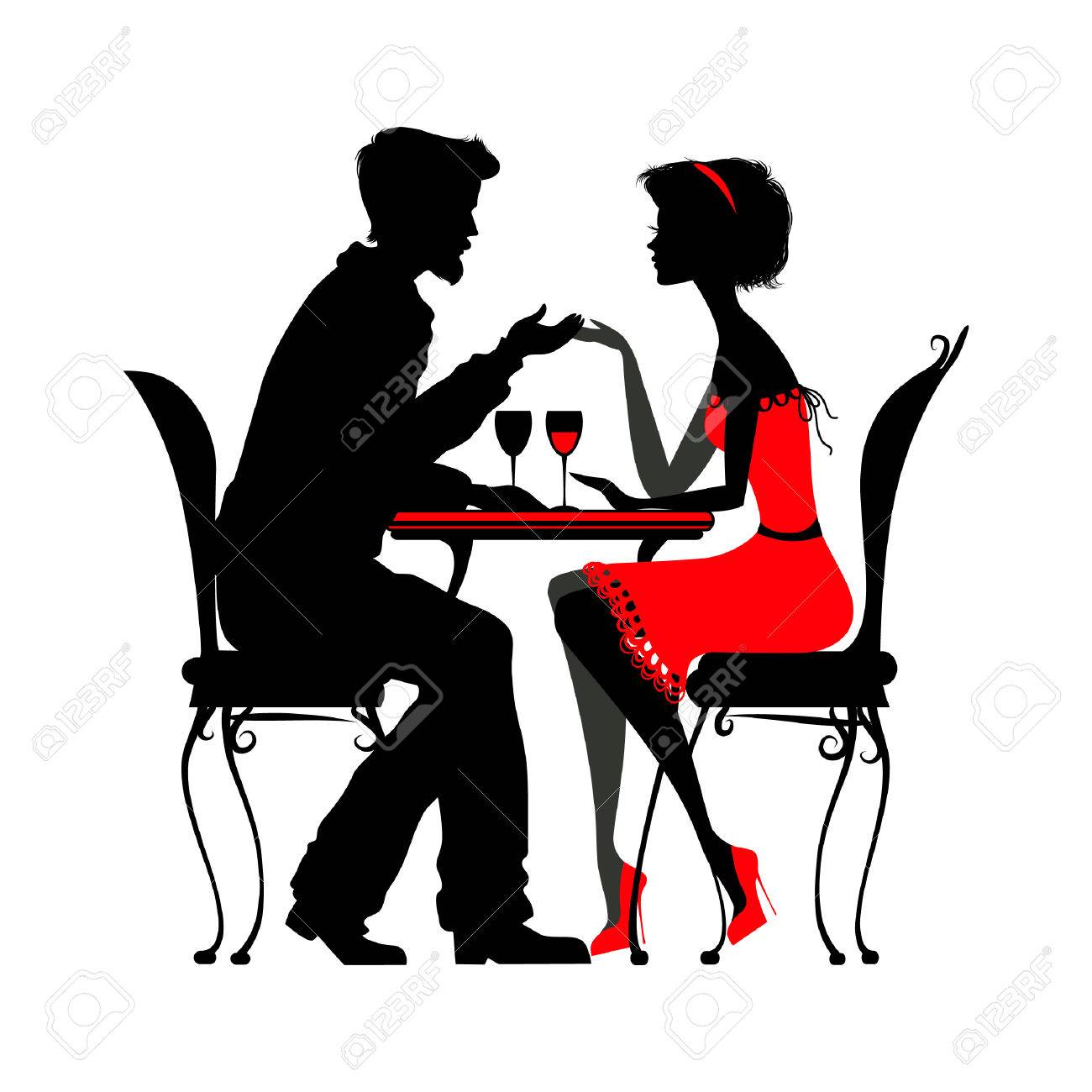 恋のカフェで座っている若いカップル 詳細なベクトル イラストをシルエットします あなたのデザインの良い のイラスト素材 ベクタ Image