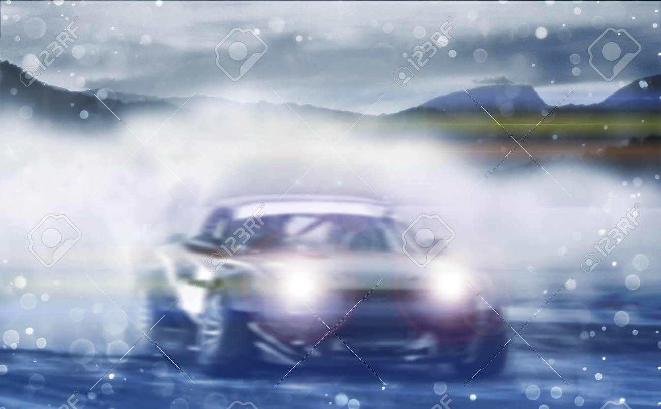 Premium AI Image Car drifting Blurred image diffusion race drift car with lots of smoke from burning tires on track