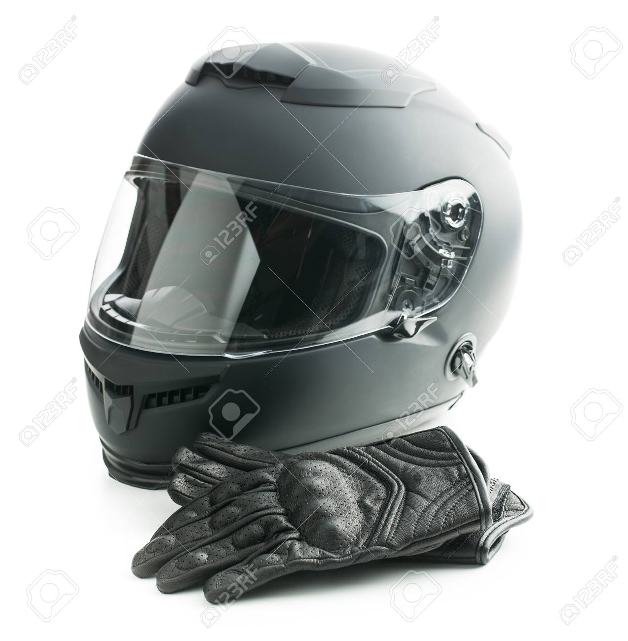 Casque De Moto Et Gants En Cuir Isolés Sur Fond Blanc Banque D