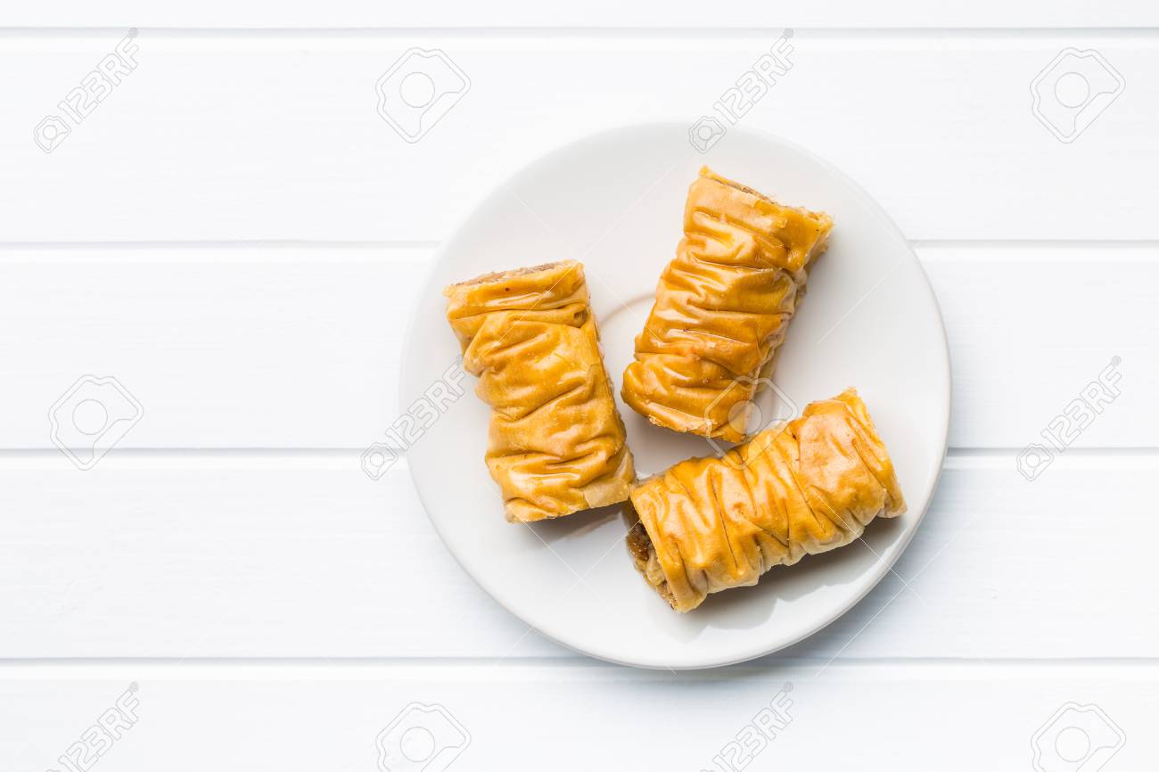 Sweet Dessert Baklava On White Dessert Plate Top View Stock Photo Picture And Royalty Free Image Image 78010608
