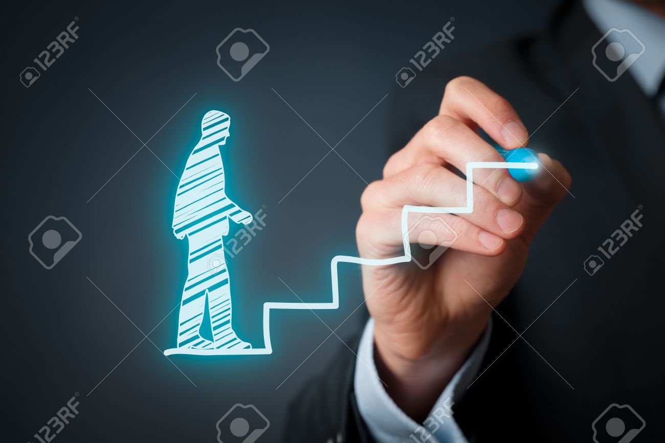 Personal development, personal and career growth, success, progress and potential concepts. Coach (human resources officer, supervisor) help employee with his growth symbolized by stairs. - 36631153 Personal development, personal and career growth, success, progress and potential concepts. Coach (human resources officer, supervisor) help employee with his growth symbolized by stairs. - 36631153