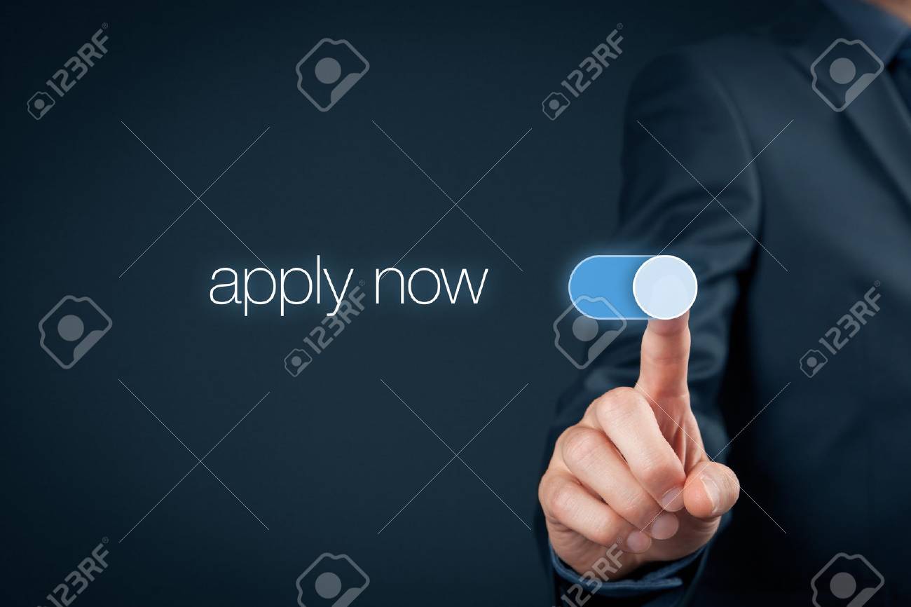 Apply now - human resources concept. Businessman switch-on button apply now. - 59047732 Apply now - human resources concept. Businessman switch-on button apply now. - 59047732