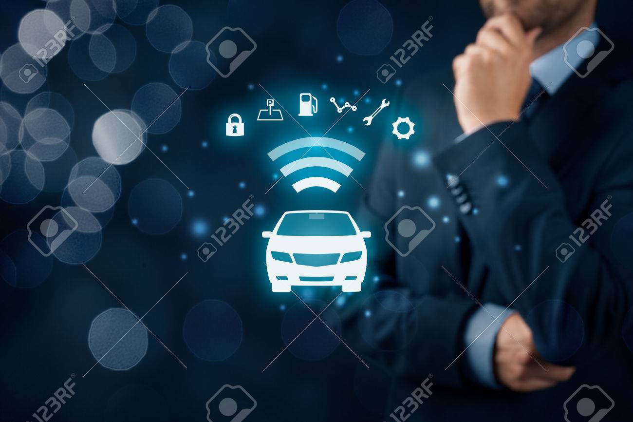 Intelligent car, intelligent vehicle and smart cars concept. Symbol of the car and information via wireless communication about security, parking location, fuel, drive analysis, service and car settings. - 73252584 Intelligent car, intelligent vehicle and smart cars concept. Symbol of the car and information via wireless communication about security, parking location, fuel, drive analysis, service and car settings. - 73252584