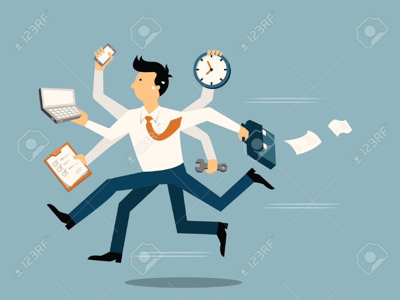 Businessman running in a hurry with many hands holding time, smart phone, laptop, wrench, papernote and briefcase, business concept in very busy or a lot of work to do. - 29115156 Businessman running in a hurry with many hands holding time, smart phone, laptop, wrench, papernote and briefcase, business concept in very busy or a lot of work to do. - 29115156