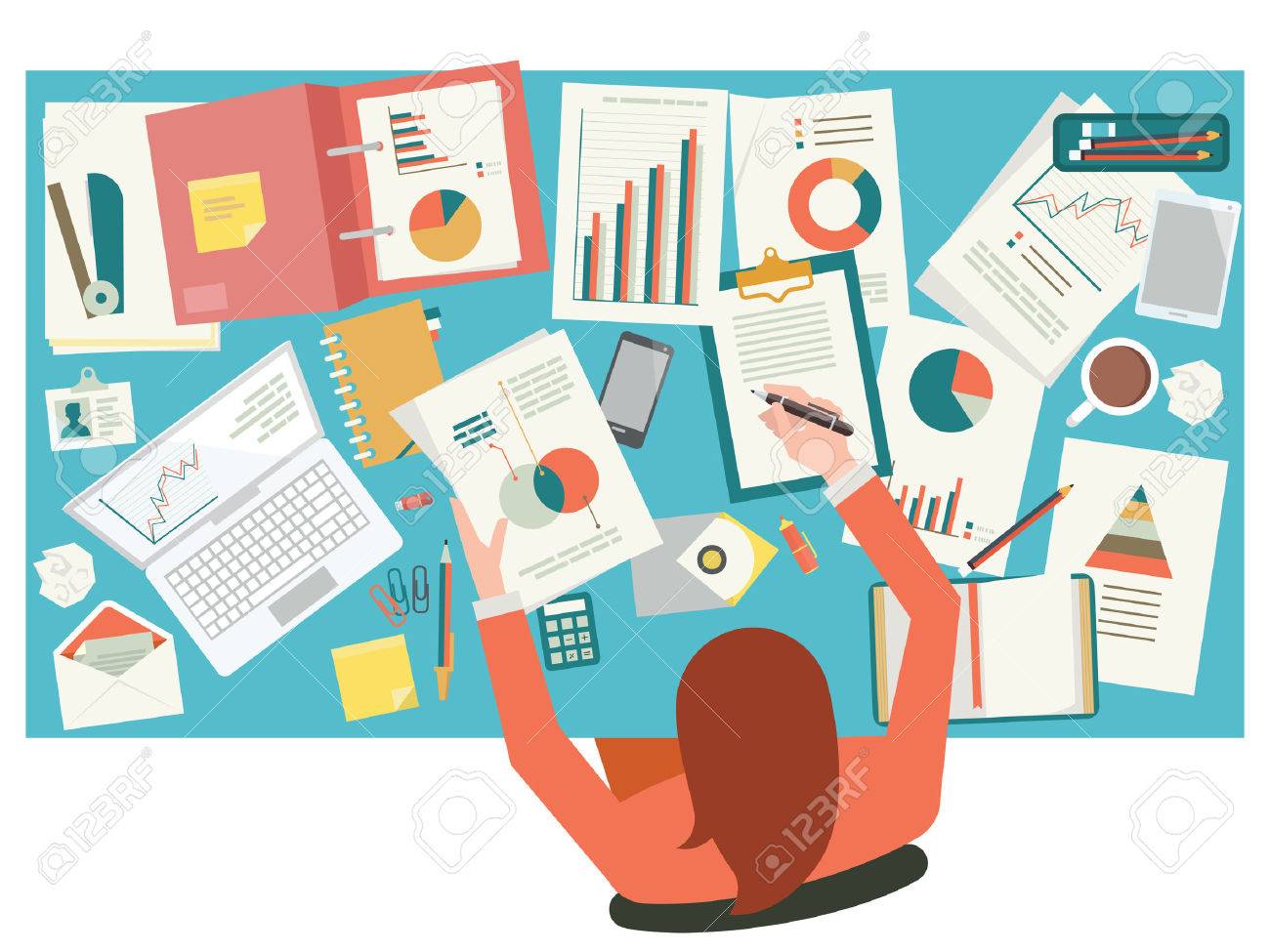 Very busy businesswoman working with paperwork on her desk at office. Flat design. Top view. - 39574351 Very busy businesswoman working with paperwork on her desk at office. Flat design. Top view. - 39574351
