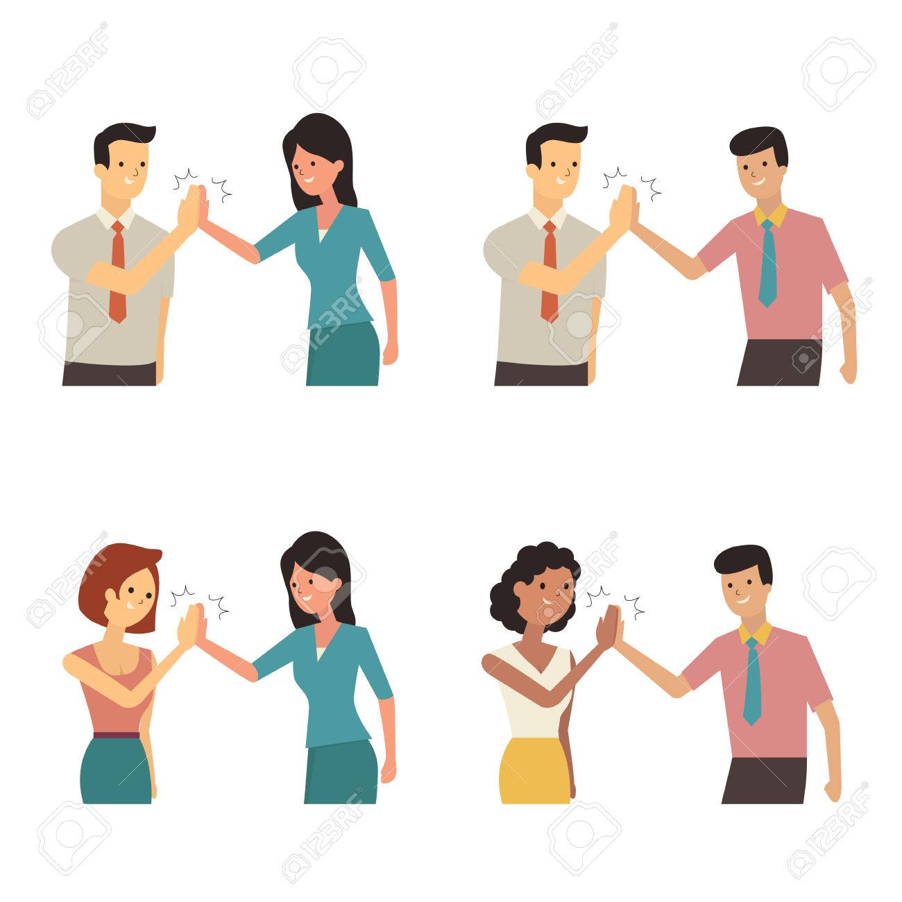 ビジネスマンや女性の拍手の手お互いのパートナーシップ 協力的な陽気な成功のまたは株式会社コンセプト 多民族文字 フラットなデザインと多様性 のイラスト素材 ベクタ Image
