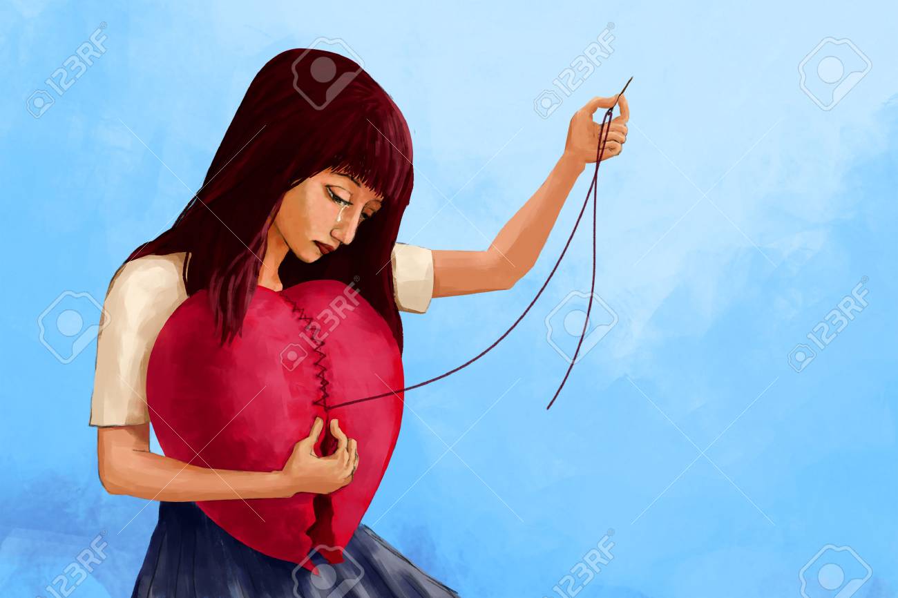 Illustration Peinture Numerique D Artiste Femme Qui Pleure Cousant Une Forme De Coeur Brise Presentant A Une Femme Au Coeur Brise Essayant De La Reparer Fond Bleu Banque D Images Et Photos Libres De