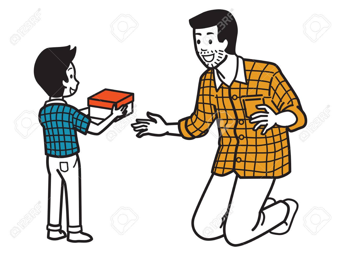 息子の幸せを表現するとお父さんや驚き感情 父の日 休日 休暇で家族関係の概念にギフト ボックスを与えます ベクトルの図記号概要手描画スタイル 落書き 漫画 シンプルなカラー デザイン のイラスト素材 ベクタ Image