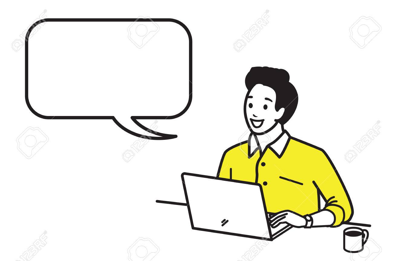 朝の時間でホット コーヒーのカップ付きのノート パソコン作業幸せと笑顔の若い男 アウトラインのスタイル 手を描く スケッチ 落書き 漫画のデザインのベクトル イラスト文字 吹き出し 空白スペースにコピーします のイラスト素材 ベクタ Image