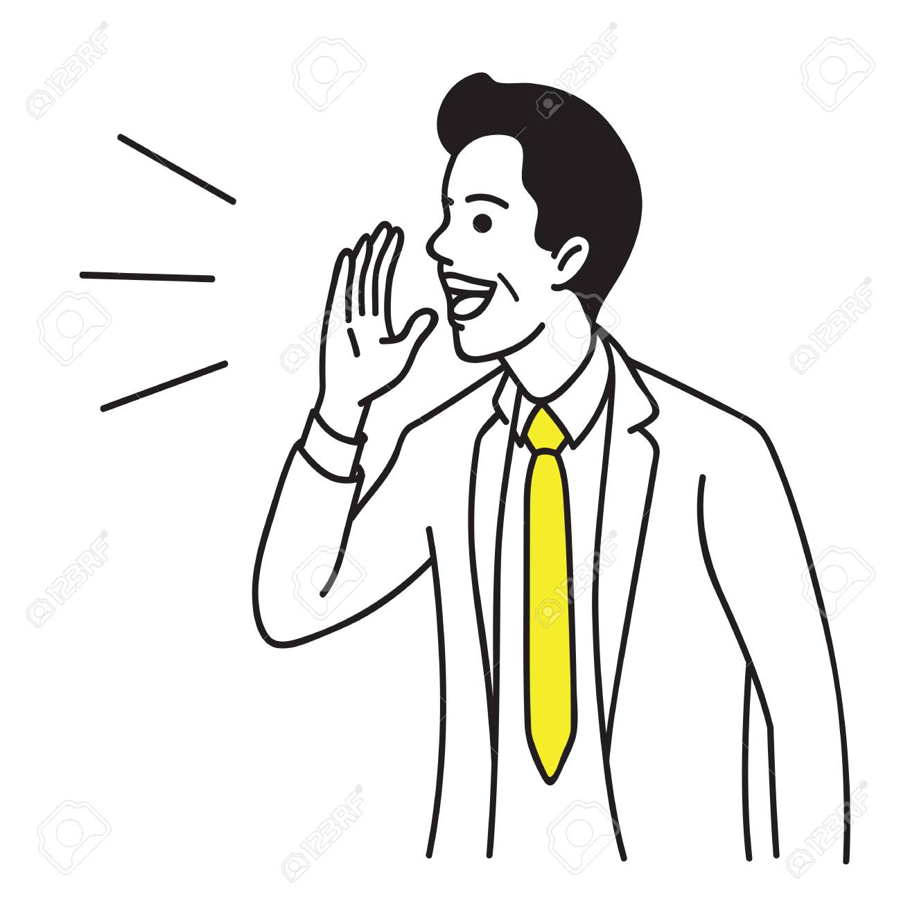 Vector illustration portrait character of businessman raise hand near mouth. Shouting, talking and speaking. Hand drawn sketch design, simple style. - 90618814 Vector illustration portrait character of businessman raise hand near mouth. Shouting, talking and speaking. Hand drawn sketch design, simple style. - 90618814