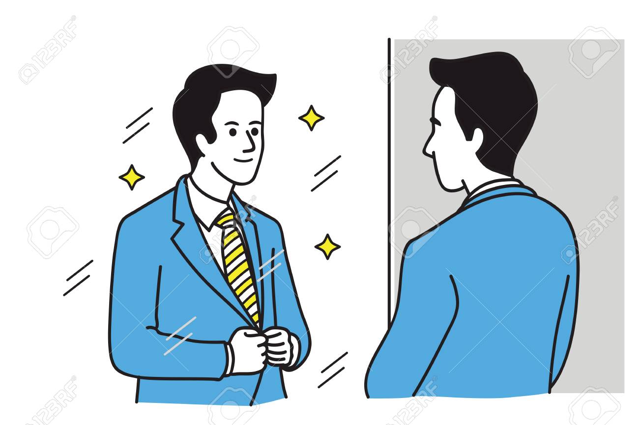 Handsome Businessman Looking In The Mirror, Adjusting His Suit. Vector  Illustration, Line Art Hand-drawn Sketch Design. Royalty Free SVG, Cliparts,  Vectors, and Stock Illustration. Image 91027144., image size:1300x866