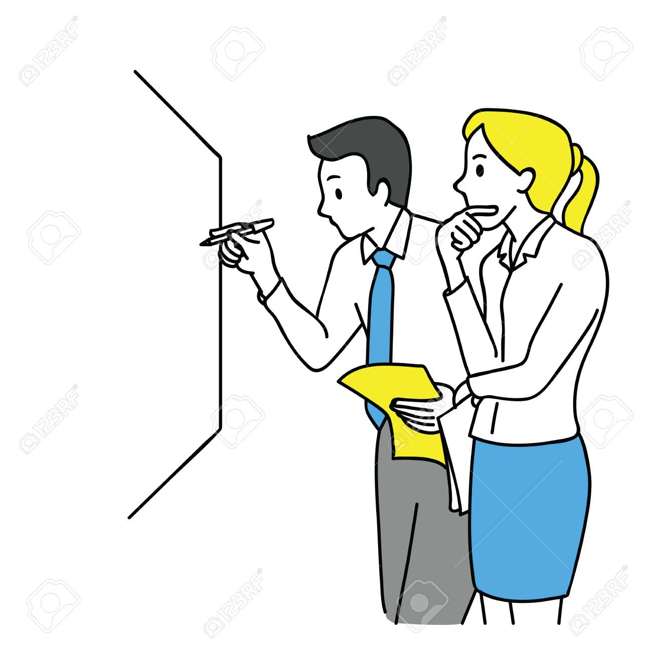 Businessman and woman, writing on white board, thinking and discussing, business concept in partnership, teamwork, coworkers, corporate. Outline, linear, thin line art, hand drawn sketch design. - 91019797 Businessman and woman, writing on white board, thinking and discussing, business concept in partnership, teamwork, coworkers, corporate. Outline, linear, thin line art, hand drawn sketch design. - 91019797