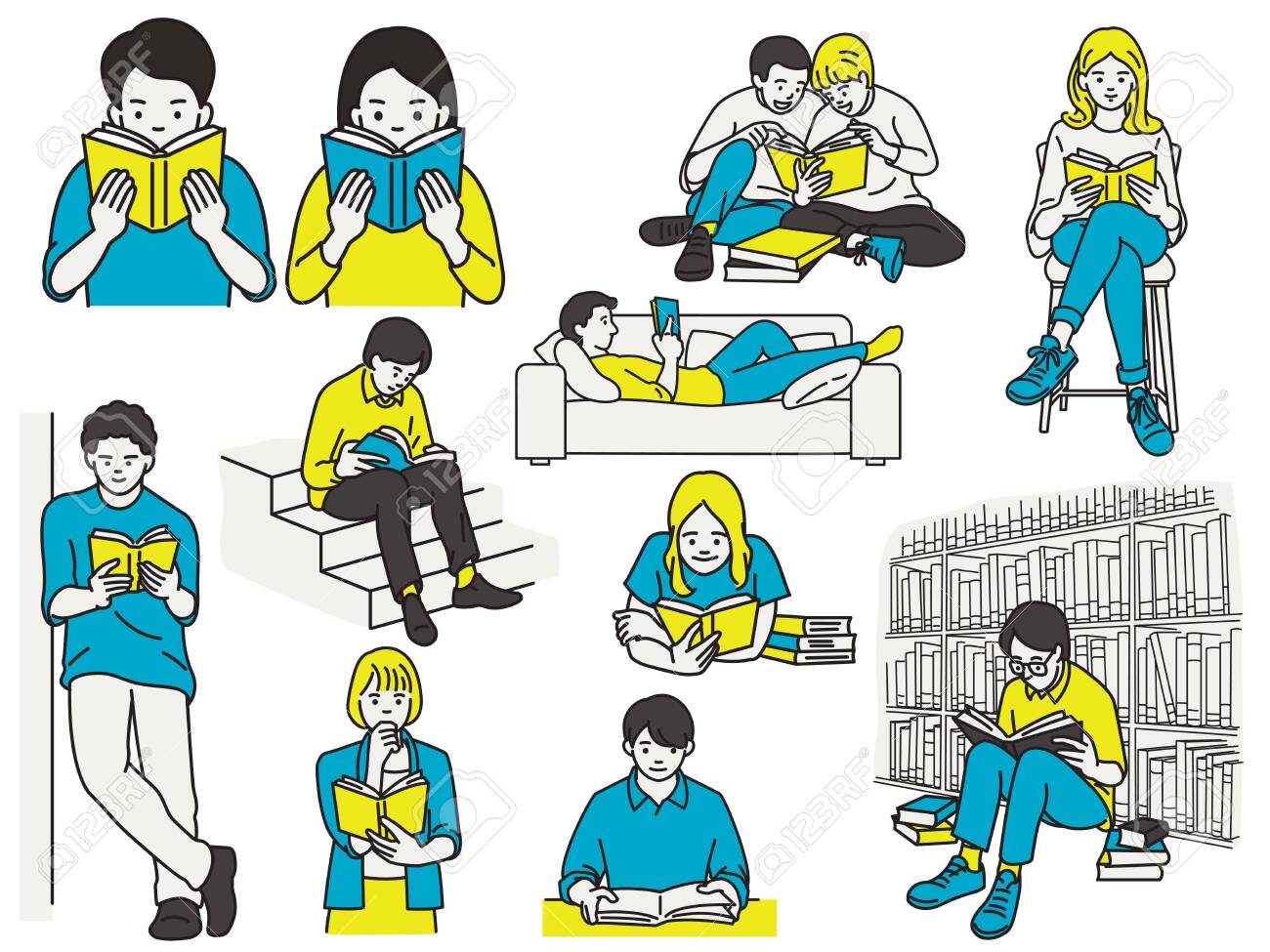 Vector illustration character of many people reading books in various poses, sitting desk, lying sofa, sitting chair, standing against wall, in library. Hand drawn sketch. - 148518503 Vector illustration character of many people reading books in various poses, sitting desk, lying sofa, sitting chair, standing against wall, in library. Hand drawn sketch. - 148518503
